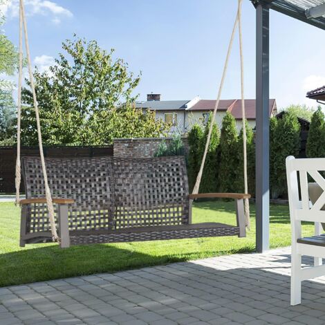 COSTWAY Schaukelbank 2-Sitzer, Haengebank PE-Rattan, Gartenschaukel zum Aufhaengen, Hollywoodschaukel mit Akazienholz-Armlehnen, 360 kg Belastbarkeit, Schaukel für Terrasse & Garten & Balkon