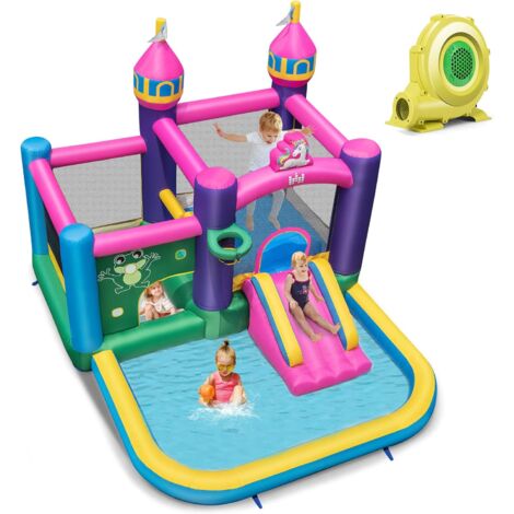 COSTWAY Aufblasbare Hüpfburg Wasserrutsche mit Geblaese, Planschbecken Springhaus für Indoor & Outdoor, inkl. Tragetasche und Bodenpfaehlen 327 x 392 x 270 cm