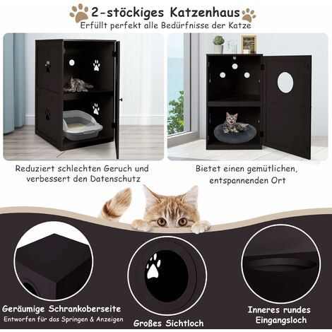 COSTWAY Katzenhaus mit Belüftungsdesign, Tür & Kippschutz Katzentoilette, Katzenklo schrank, Braun, 60 x 53 x 90 cm