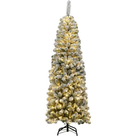 COSTWAY 135cm Bleistift Weihnachtsbaum mit Schnee und warmweissen LED-Leuchten, künstlicher Tannenbaum mit Metallstaender, Christbaum PVC Nadeln, Kunstbaum Weihnachten Klappsystem Grün (1/5)
