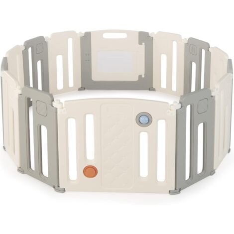 COSTWAY Faltbares Laufstall, Baby-Laufgitter mit Tür & Spielpaneel & Sicherheitsschloss, mit Whiteboard & Kugel & Soundknopf, Absperrgitter für Babys & Kinder von 6-36 Monaten, Beige 12+2 Paneelen