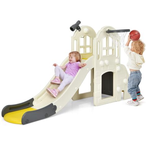COSTWAY 6 in 1  Kinderrutsche mit Leiter, Kinder Spielplatz, mit Basketballkorb, Ringen, Teleskop und Tunnel, Spielzentrum In- und Outdoor für 3-8 Jahre alte Kinder Gelb (1/5)