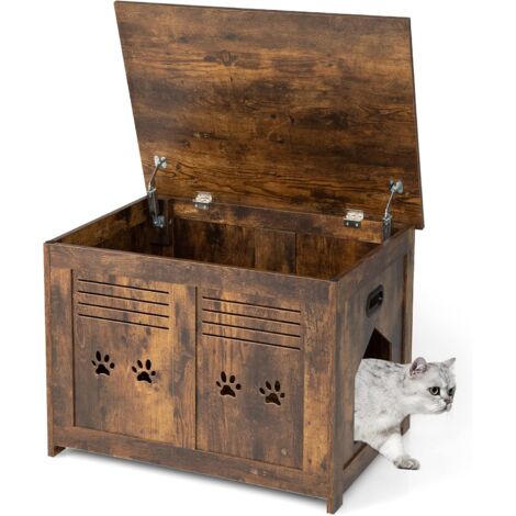 COSTWAY Katzenhaus Katzenklo Schrank, Katzenhoehle mit Eingang & Klappdeckel, Haustierbox Vintage für Katzen, Katzentoilette & Beistelltisch & Katzenschrank, Katzenmoebel Braun