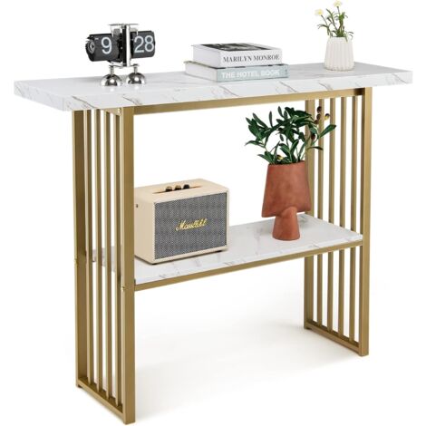 COSTWAY 2 Ebenen Konsolentisch Holz mit Marmoroptik, Beistelltisch mit goldfarbenem Metallgestell, Flurtisch modern, 120 x 29,5 x 92,5 cm