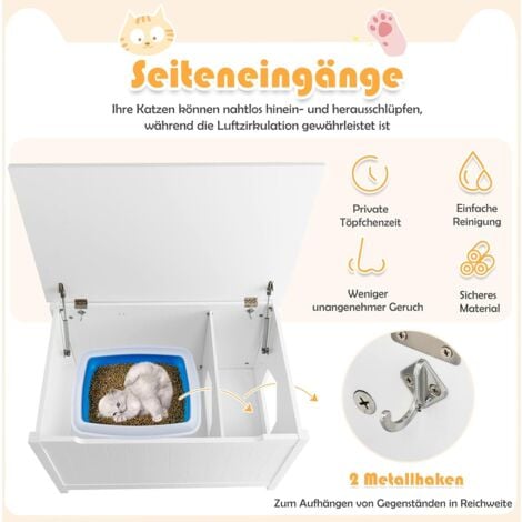 COSTWAY Katzenhaus Katzenklo Schrank, Katzenhoehle mit Eingang & Klappdeckel, Haustierbox mit Abnehmbarer Trennwand & 2 Haken, Katzentoilette & Beistelltisch & Katzenschrank, Weiss
