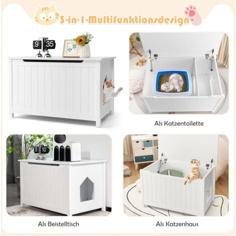 COSTWAY Katzenhaus Katzenklo Schrank, Katzenhoehle mit Eingang & Klappdeckel, Haustierbox mit Abnehmbarer Trennwand & 2 Haken, Katzentoilette & Beistelltisch & Katzenschrank, Weiss