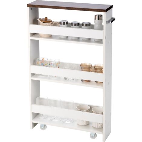 COSTWAY 4 Ebenen Nischenregal auf Rollen, Küchenwagen schmal, Badregal mit seitlichem Griff, aus Holz, 48 x 12,5 x 81 cm