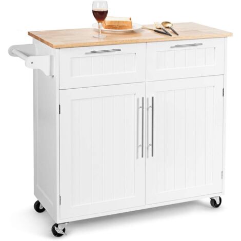 COSTWAY Kücheninsel mit Arbeitsplatte und Handtuchhalter, Küchenwagen mit 2 Schubladen und Türen, Servierwagen mit Rollen aus Holz, 94 x 45,5 x 94,5 cm, Weiss