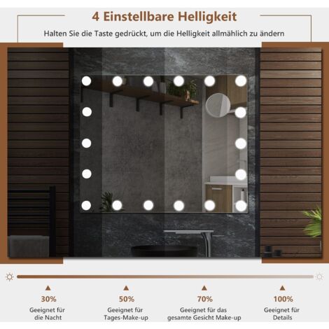 COSTWAY Schminkspiegel mit 18 LED Beleuchtung, dimmbar, Hollywood 3 Lichtfarben, mit 10x Vergrößerung Spiegel, 4 Lichthelligkeiten, Touch, Wandspiegel, Kosmetikspiegel, 62,5x51cm