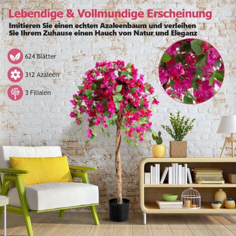 COSTWAY 135 cm Kunstbaum mit Blten, Kunstpflanze im Topf, Knstlicher Baum  mit Azalee-Blumen, Realistische Topfpflanze, Kunstblume fr Zuhause, Bro,  Zimmerpflanze Dekopflanze Rosa