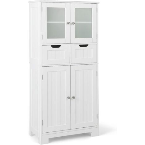 COSTWAY Badschrank mit 2 Schubladen und 4 Türen, Badezimmerschrank mit verstellbaren Regalen, 128cm weiß