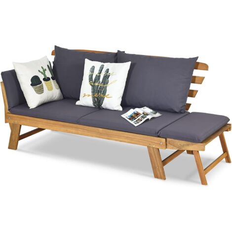 COSTWAY Liegesofa mit klappbaren Seitenlehnen, Sonnenliege Akazienholz mit Auflage, Gartenbank für Garten Terrasse Innenbereich Grau