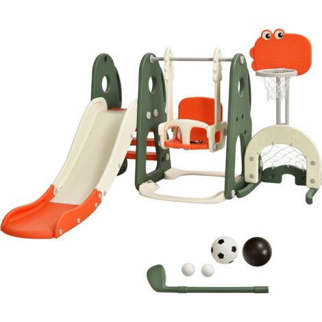 COSTWAY 6 in 1 Kinder Spielplatz, Kinder Rutsche & Schaukel & Basketballkorb & Leiter & Fußballtor & Golfloch, Schaukelgerüst Gartenschaukel Kinderschaukel, Kinderrutsche Indoor Outdoor Orange (1/5)