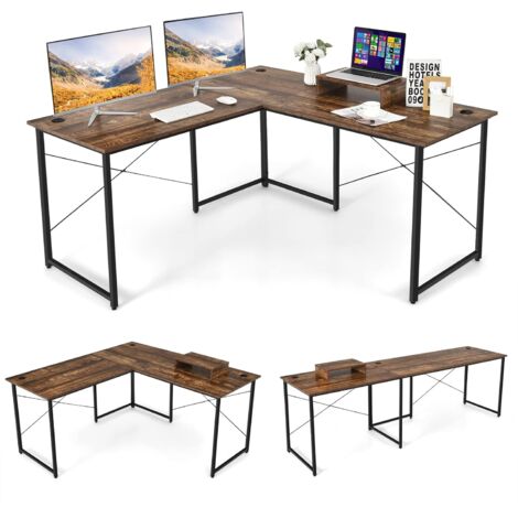 COSTWAY Schreibtisch mit Laptopständer, L-Form reversibler Eckschreibtisch, platzsparend, einfache Montage, Metall, Computertisch mit 3 Kabellöchern, Bürotisch für Home Office, 150x150x74 cm Braun