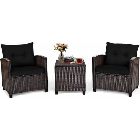 COSTWAY 3tlg. Rattanmöbel mit 2 Sessel & 1 Beistelltisch, mit Sitz- & Rückenkissen, Polyrattan Gartenmöbel Sitzgarnitur Gartenset inkl. Glasplatte (1/2)