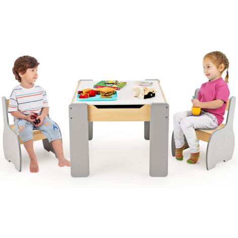COSTWAY 3tlg. Kindersitzgruppe aus Holz, 4-in-1-Kindertisch mit 2 Stühlen & Abnehmbarer Tafel, Kindermöbel-Set mit Stauraum für Spielzimmer, Kindergarten, Weiß+Grau