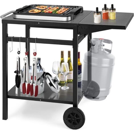 COSTWAY Grillwagen mit klappbarer Tischplatte, Beweglicher Campingtisch mit 2 Ablagen & 4 Haken, Metall für Außenbereich, Servierwagen zum Grillen & Outdoorküche, Zubereitungswagen Schwarz