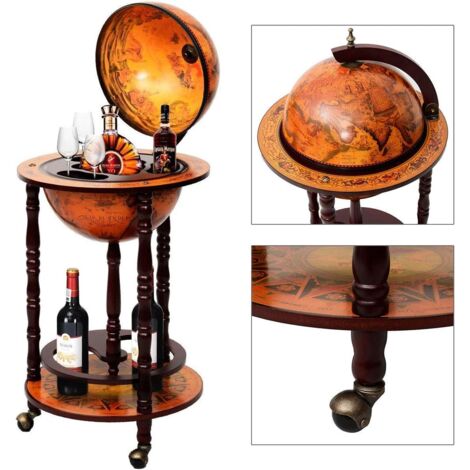 Bar Globe Terrestre Vintage Mappemonde En Bois D'eucalyptus Avec 3 Roulettes 47 X 47 X 90cm