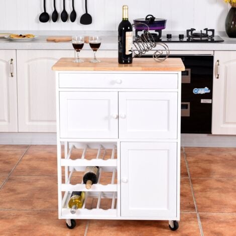 COSTWAY Küchenwagen Servierwagen Küchentrolley Beistellwagen Küchenregal Küchenschrank Rollwagen Weinregal Weinschrank Holz weiss
