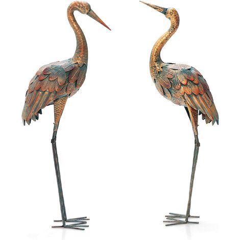 COSTWAY 2er Set Gartenstatuen Kranich, Kranichskulpturen Metall, Dekofigur Outdoor, Vogelskulptur für Rasen Terrasse, Garten, Gartenfigur Gartenvogel Metallfigur, Kranich-Dekoration