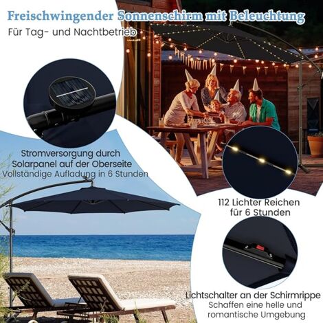 300 cm Sonnenschirm mit 32 Solar-LED-Leuchten  Kurbel Gartenschirm Marktschirm TÃ¼rkis
