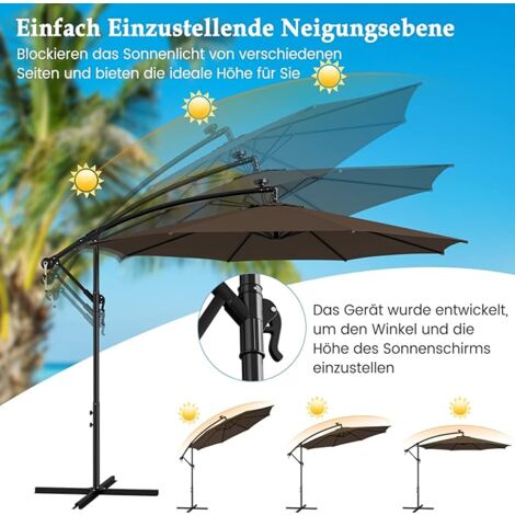 COSTWAY Sonnenschirm Ø300cm, LED Solar, mit Kurbel, Ampelschirm