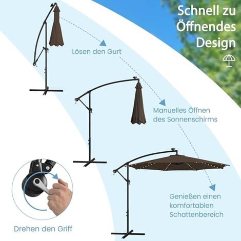 COSTWAY Sonnenschirm Ø300cm, LED Solar, mit Kurbel, Ampelschirm