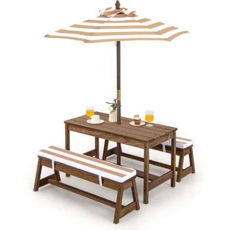 COSTWAY Kinder Picknicktisch mit Sonnenschirm, Bänke & Kissen, aus Massivholz,  Kindersitzgruppe, Gartenmöbel für Kleinkinder, Braun