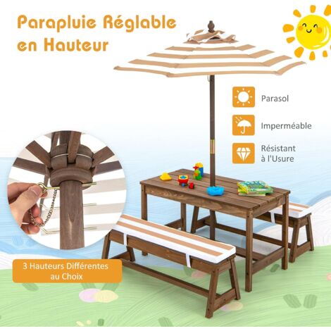 COSTWAY Kinder Picknicktisch mit Sonnenschirm, Bnke & Kissen, aus  Massivholz, Kindersitzgruppe, Gartenmbel fr Kleinkinder, Braun