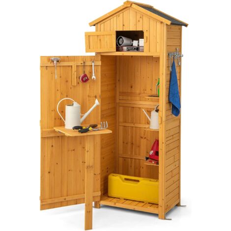 COSTWAY Gartenschrank Holz, Gerätehaus für den Außenbereich mit abschließbaren Türen & klappbarem Tisch & 8 Haken & 3 Regalen, Werkzeugschrank Gartenschuppen Geräteschrank für Garten, Terrasse, Hof