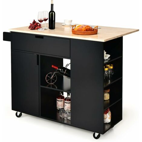 COSTWAY Küchenwagen mit ausziehbarer Arbeitsfläche, Servierwagen auf Rollen, Kücheninselwagen Holz, Küchenschrank mit Ablagen & Schublade & Gewürzregal, Küchentrolley für Küche Esszimmer Schwarz