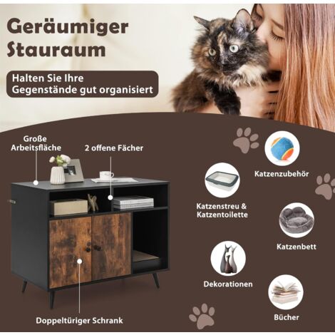 COSTWAY Katzenschrank Katzentoilette mit Kratzunterlage & Doppeltüren, Katzenhaus mit offenem Regal & 2 Fächern, Katzenhöhle Katzenklo Schrank, für Katzen Hunde Haustier, Braun+Schwarz