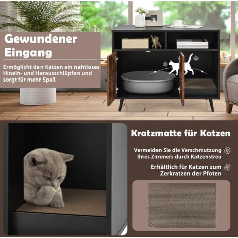 COSTWAY Katzenschrank Katzentoilette mit Kratzunterlage & Doppeltüren, Katzenhaus mit offenem Regal & 2 Fächern, Katzenhöhle Katzenklo Schrank, für Katzen Hunde Haustier, Braun+Schwarz