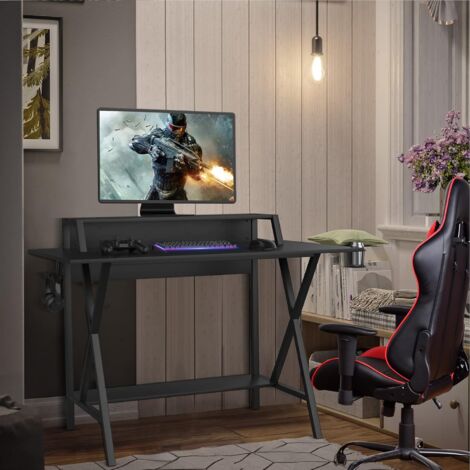 COSTWAY Gaming Tisch 122 x 60 cm, Großer Gaming Schreibtisch mit  Monitorständer & Getränkehalter & Kopfhörerhaken