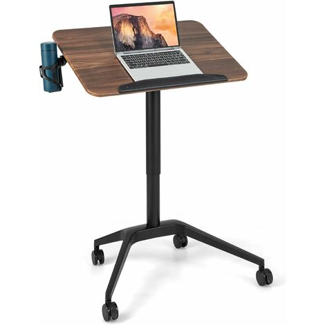 COSTWAY Stehschreibtisch höhenverstellbar von 74-107cm, mit Getränkehalter & 4 Rollen, Sitz-Steh Schreibtisch, Mobile Stehpult Laptoptisch Stehtisch für Wohnzimmer, Büro, Braun + Schwarz