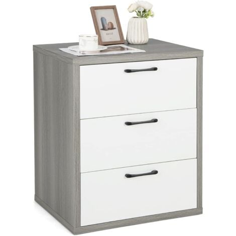 COSTWAY Nachttisch mit 3 Schubladen, Nachtschrank modern aus Holz, 55 x 47 x 65,5 cm, Grau + Weiß