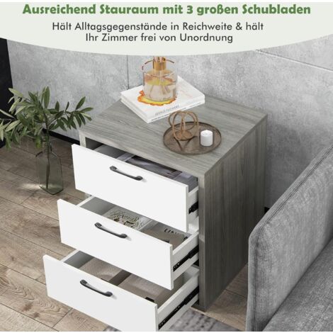 COSTWAY Nachttisch mit 3 Schubladen, Nachtschrank modern aus Holz, 55 x 47 x 65,5 cm, Grau + Weiß