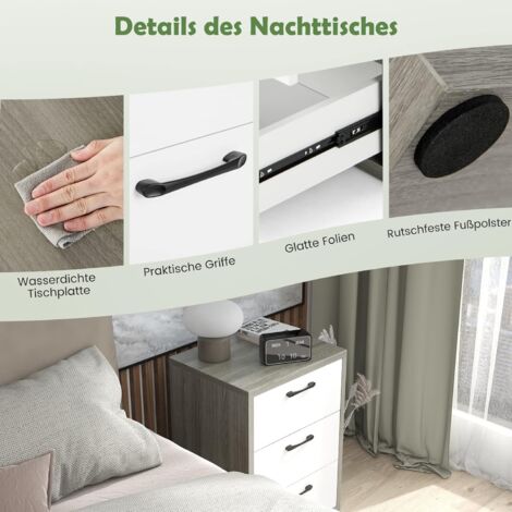 COSTWAY Nachttisch mit 3 Schubladen, Nachtschrank modern aus Holz, 55 x 47 x 65,5 cm, Grau + Weiß