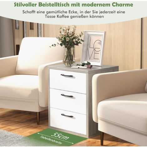 COSTWAY Nachttisch mit 3 Schubladen, Nachtschrank modern aus Holz, 55 x 47 x 65,5 cm, Grau + Weiß