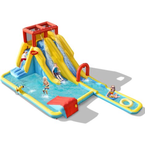 COSTWAY Aufblasbare Hüpfburg mit Langen Doppelrutschen Kletterwand und Wasserkanone, Spielpool Wasserspielcenter Rutsche, Wasserpark Planschbecken 622 x 335 x 225 cm ohne Gebläse