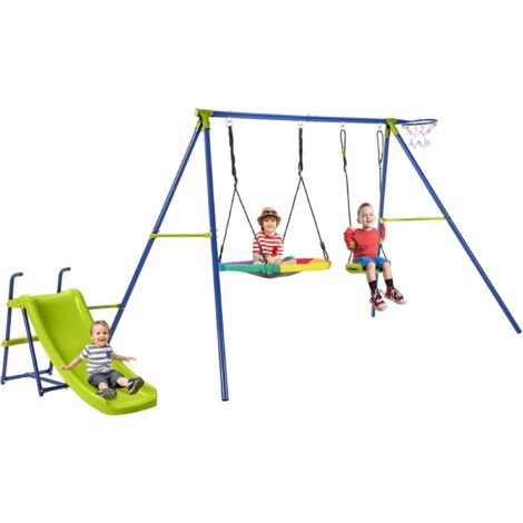 COSTWAY 4-in-1-Schaukelset, Schaukelgestell mit Schaukel, Rutsche & Basketballkorb, Schaukelgerüst mit Doppelschaukel, Gartenschaukel mit Metallgestell für Hof, Garten (1/5)