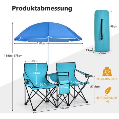 COSTWAY Campingstuhl mit Sonnenschirm, faltbar, mit Getränkehalter  Kühltasche , Klappstuhl für Paare, Doppel Angelstuhl türkisgrün