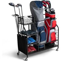 COSTWAY 4 in 1 Golf-Organizer, Golfschläger-Organizer mit Rollen, für 2 Golftaschen & Golf-Zubehör, Golftaschenregal mit Haken & Korb für Golfbälle & 3 Ablagen, Golf Set Metall, 95 x 40 x 94 cm