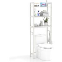 COSTWAY Toilettenregal 170cm, WC Regal mit 3 ablagen, Regal für Waschmaschine Metall, inkl. 3 Haken, mit höhenverstellbarer Querstange Wei-