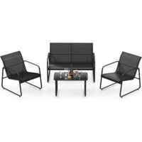 COSTWAY Salon de Jardin 4 Pièces avec 2 Chaises Table en Verre Trempé et Causeuse, Ensemble de Meuble Extérieur en Tissu Respirant Cadre Métallique, pour Porche Bord de Piscine Balcon