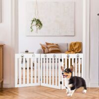 COSTWAY Absperrgitter Hunde, Schutzgitter Holz, klappbar, Treppengitter 60cm Hoch, Hundeabsperrgitter flexibel Tuerschutzgitter Weiss
