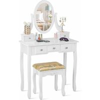 COSTWAY Schminktisch Set, Frisiertisch mit 360° Spiegel und Hocker, Schminkkommde mit 5 Schubladen, Kosmetiktisch gepolsterter Schminkhocker Make up Tisch , Weiss