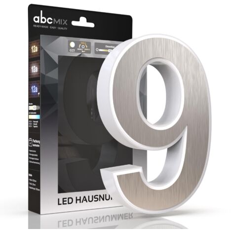 LED Hausnummer 9 inkl. Edelstahl-Cover - CCT 12V 2700K/4000K/6500K