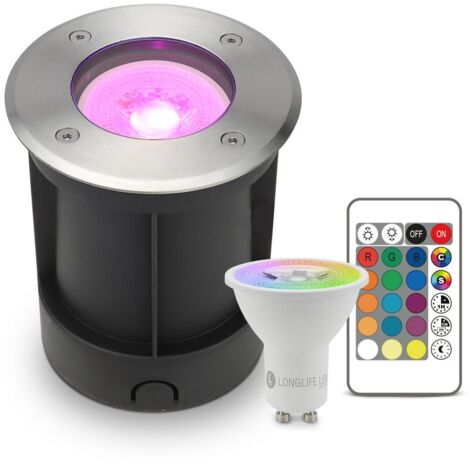 LED Bodeneinbaustrahler rund Edelstahl 230V IP67 - Leuchtmittel: GU10 5W RGB+CCT inkl. IR Fernbedienung - Anzahl: 1x