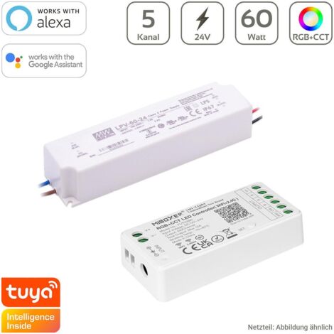 RGB+CCT Dimmer-Set 60W MiBoxer RGB+CCT WIFI LED Controller 5 Kanal + Mean Well LPV-60-24 Netzteil 60W 24V 2.5A IP67